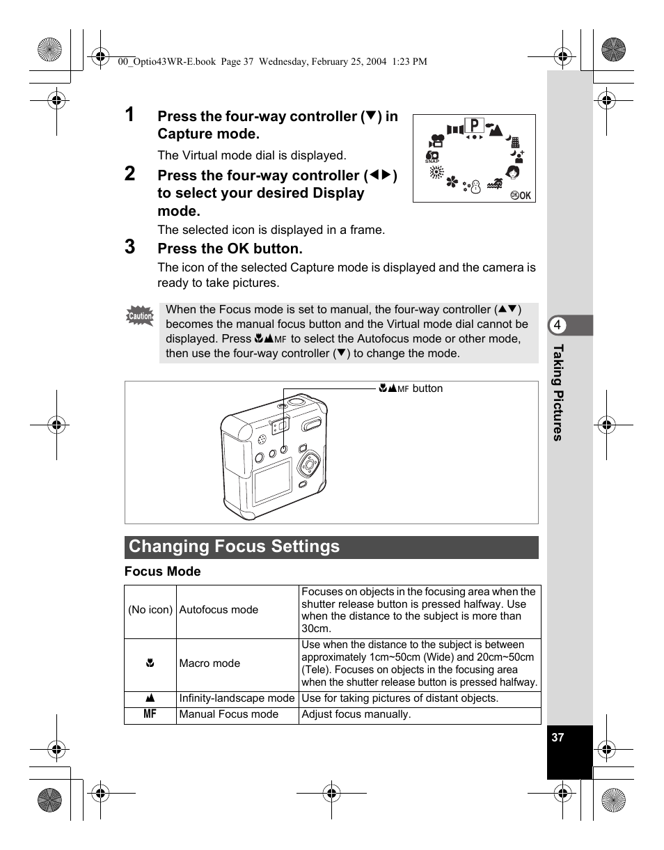 Changing focus settings | Pentax Optio 43WR User Manual | Page 39 / 128