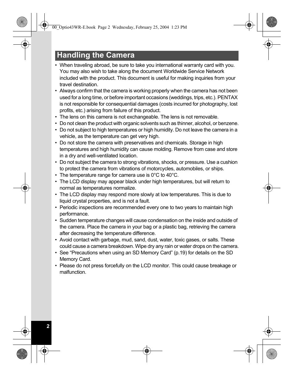 Handling the camera | Pentax Optio 43WR User Manual | Page 4 / 128