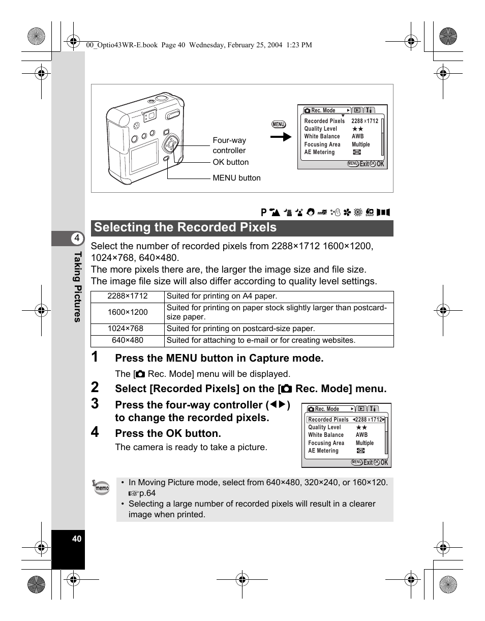 Selecting the recorded pixels, Press the menu button in capture mode, Press the ok button | Pentax Optio 43WR User Manual | Page 42 / 128