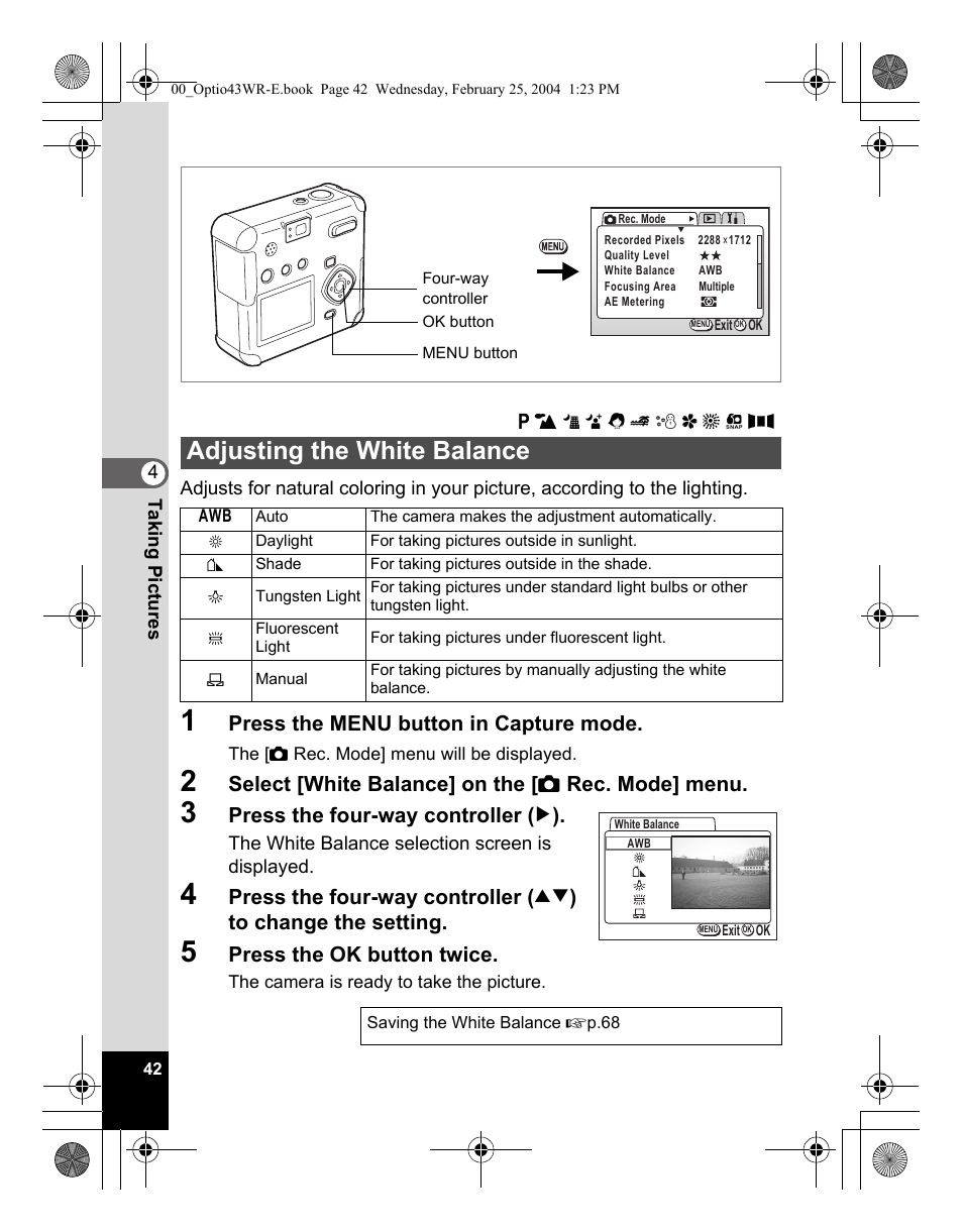 Adjusting the white balance | Pentax Optio 43WR User Manual | Page 44 / 128