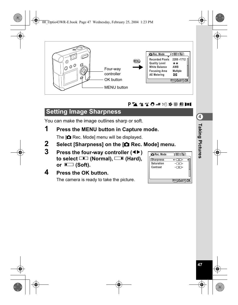 Setting image sharpness | Pentax Optio 43WR User Manual | Page 49 / 128
