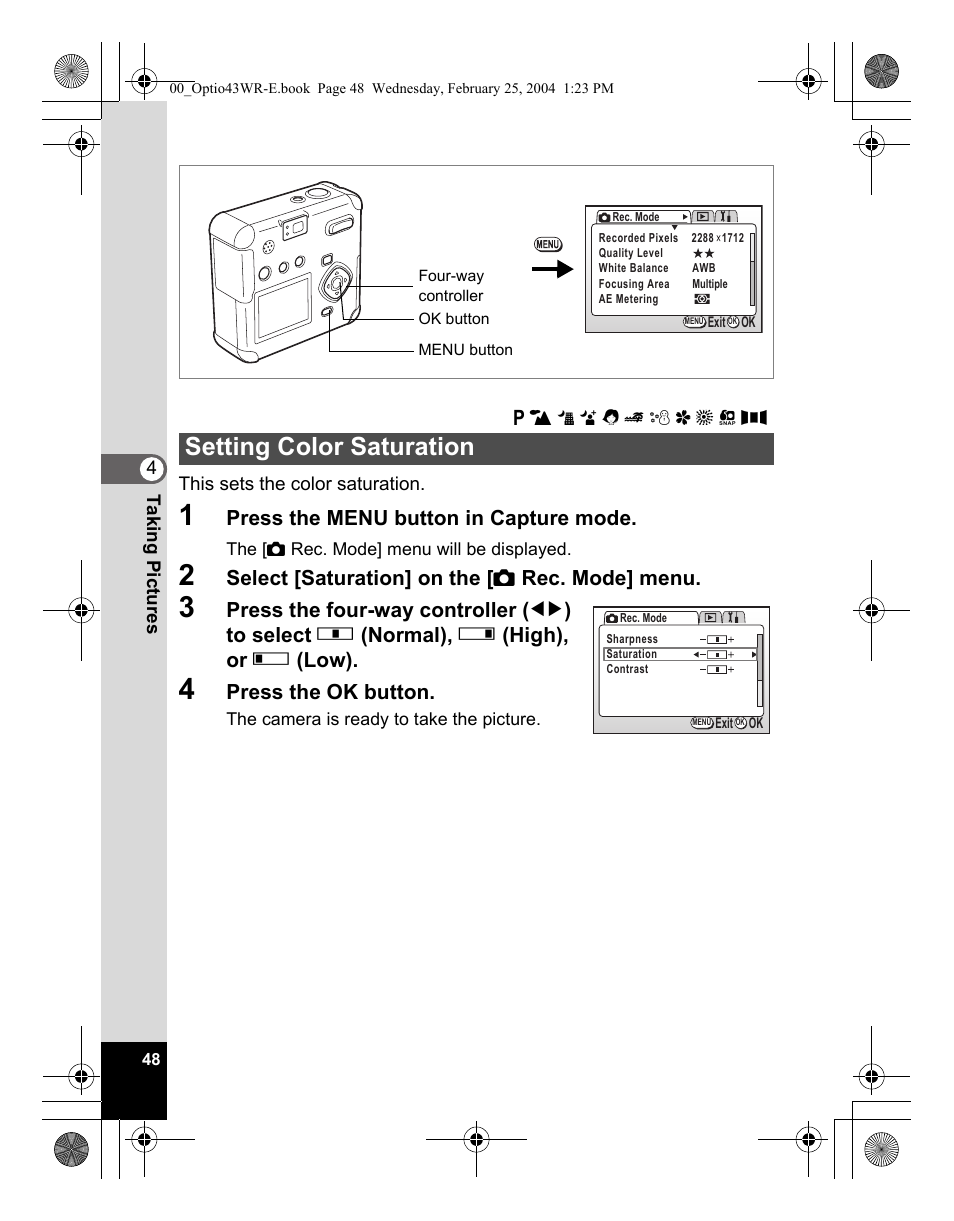 Setting color saturation | Pentax Optio 43WR User Manual | Page 50 / 128