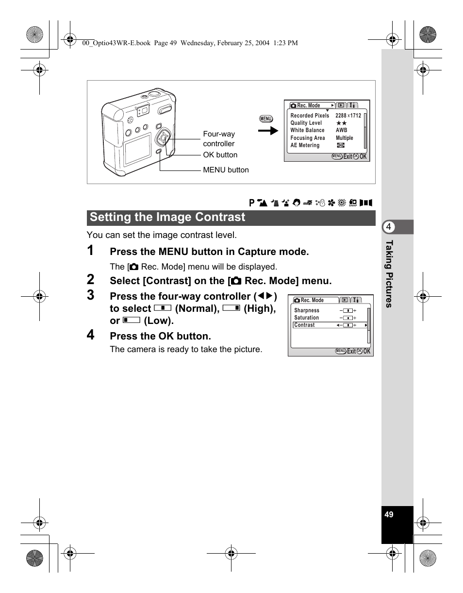 Setting the image contrast | Pentax Optio 43WR User Manual | Page 51 / 128
