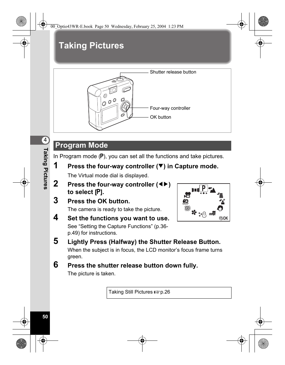 Taking pictures, Program mode | Pentax Optio 43WR User Manual | Page 52 / 128