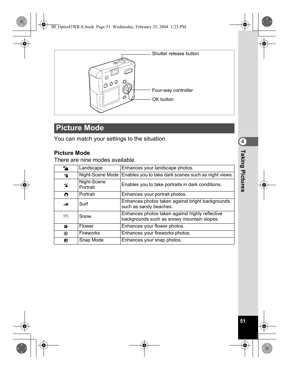 Picture mode | Pentax Optio 43WR User Manual | Page 53 / 128