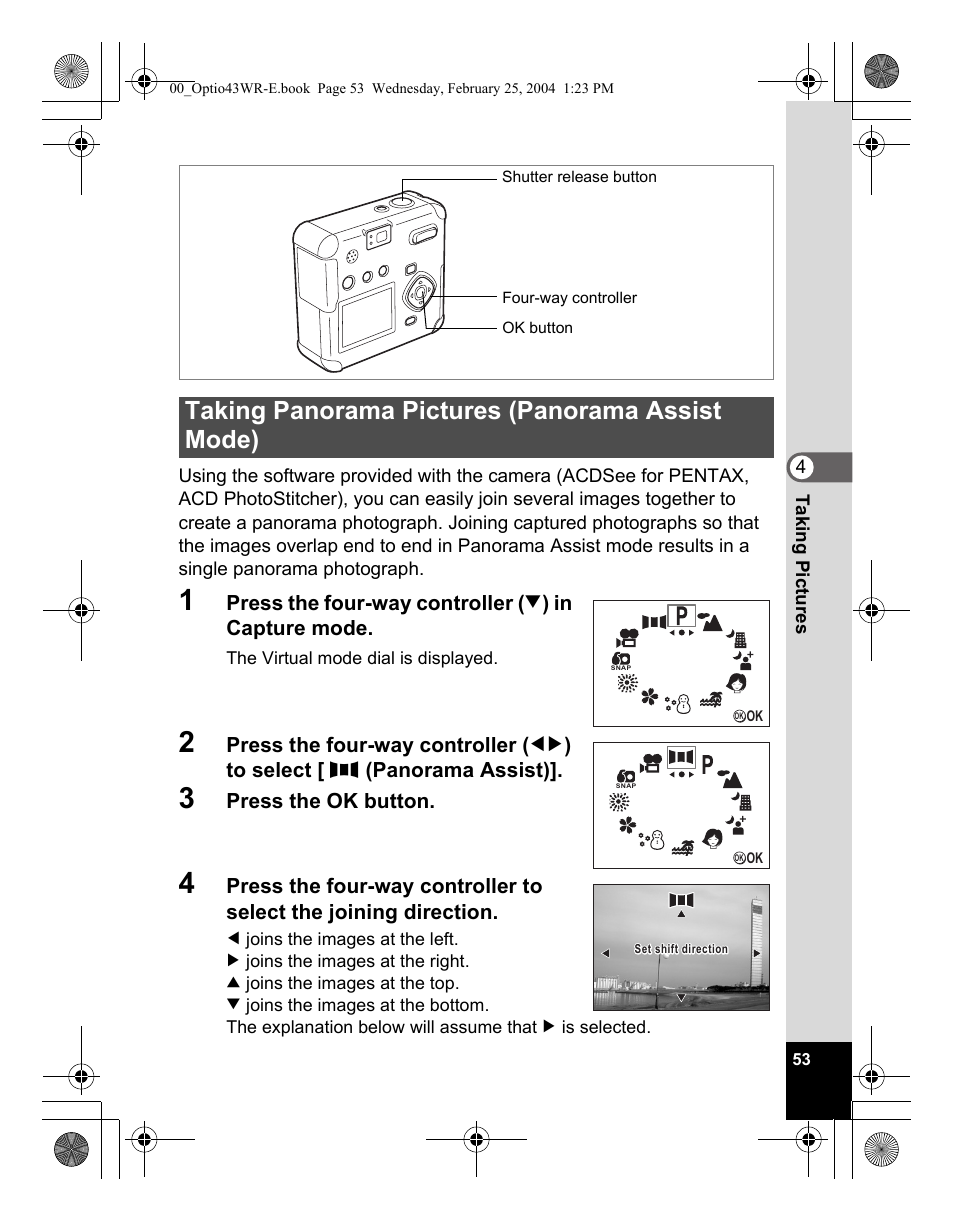 Taking panorama pictures (panorama assist mode) | Pentax Optio 43WR User Manual | Page 55 / 128