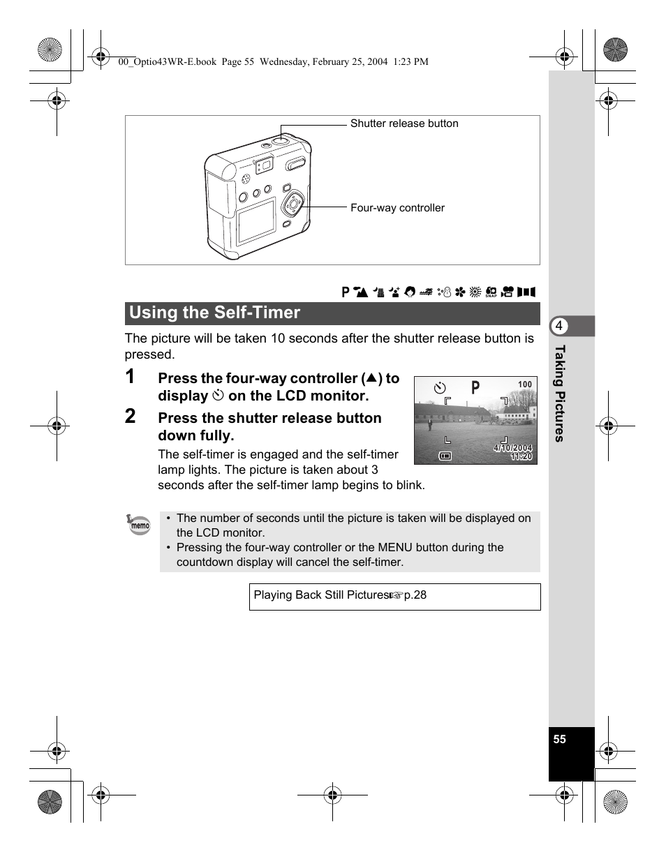 Using the self-timer | Pentax Optio 43WR User Manual | Page 57 / 128