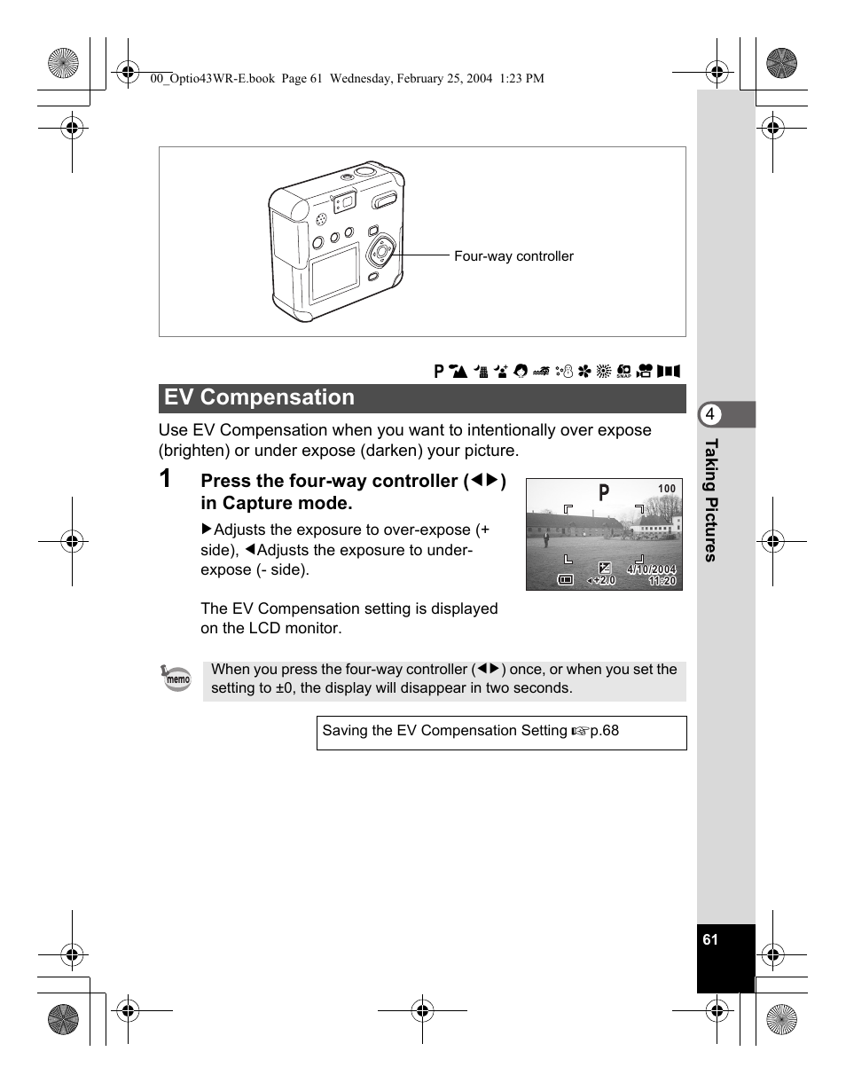 Ev compensation | Pentax Optio 43WR User Manual | Page 63 / 128