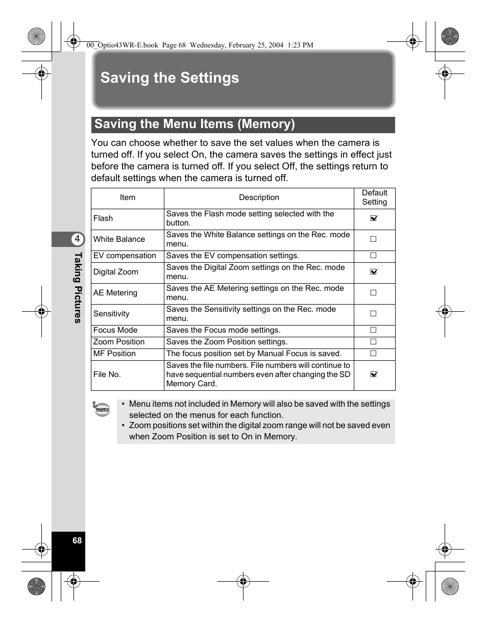 Saving the settings | Pentax Optio 43WR User Manual | Page 70 / 128