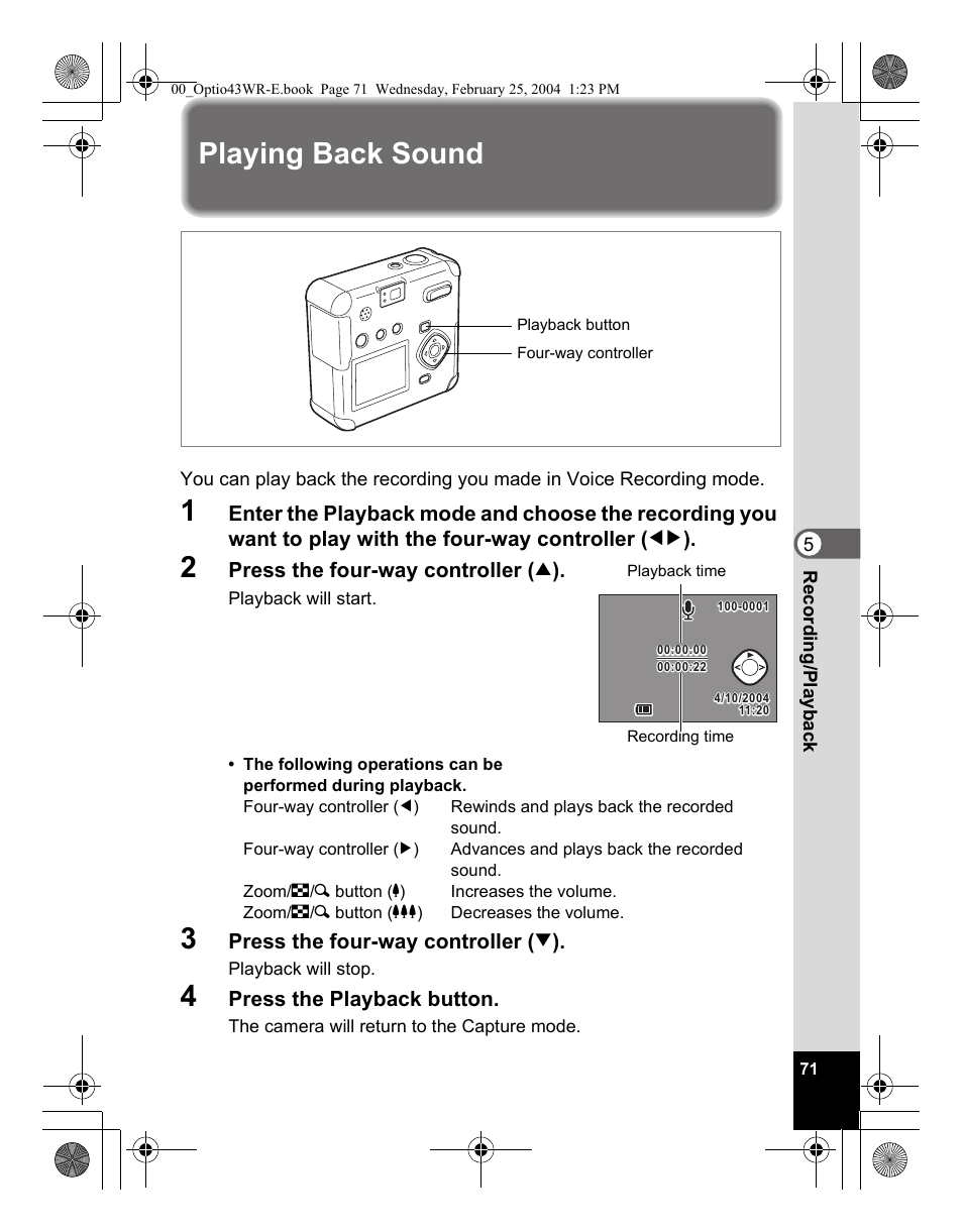 Playing back sound | Pentax Optio 43WR User Manual | Page 73 / 128