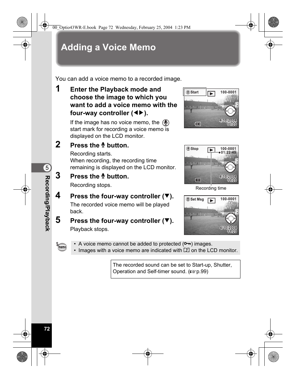 Press the o button, Press the four-way controller ( 3 ) | Pentax Optio 43WR User Manual | Page 74 / 128