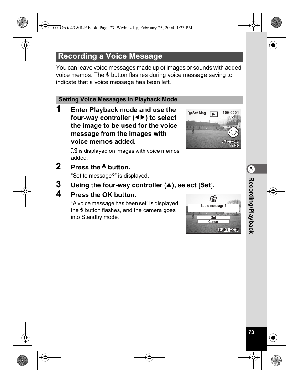 Recording a voice message | Pentax Optio 43WR User Manual | Page 75 / 128
