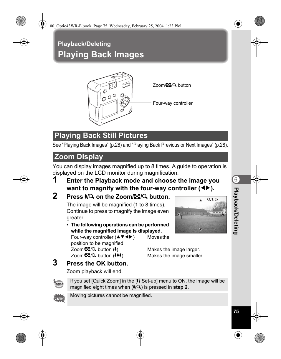 Playing back images, Playing back still pictures zoom display | Pentax Optio 43WR User Manual | Page 77 / 128