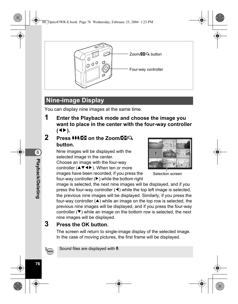 Nine-image display | Pentax Optio 43WR User Manual | Page 78 / 128