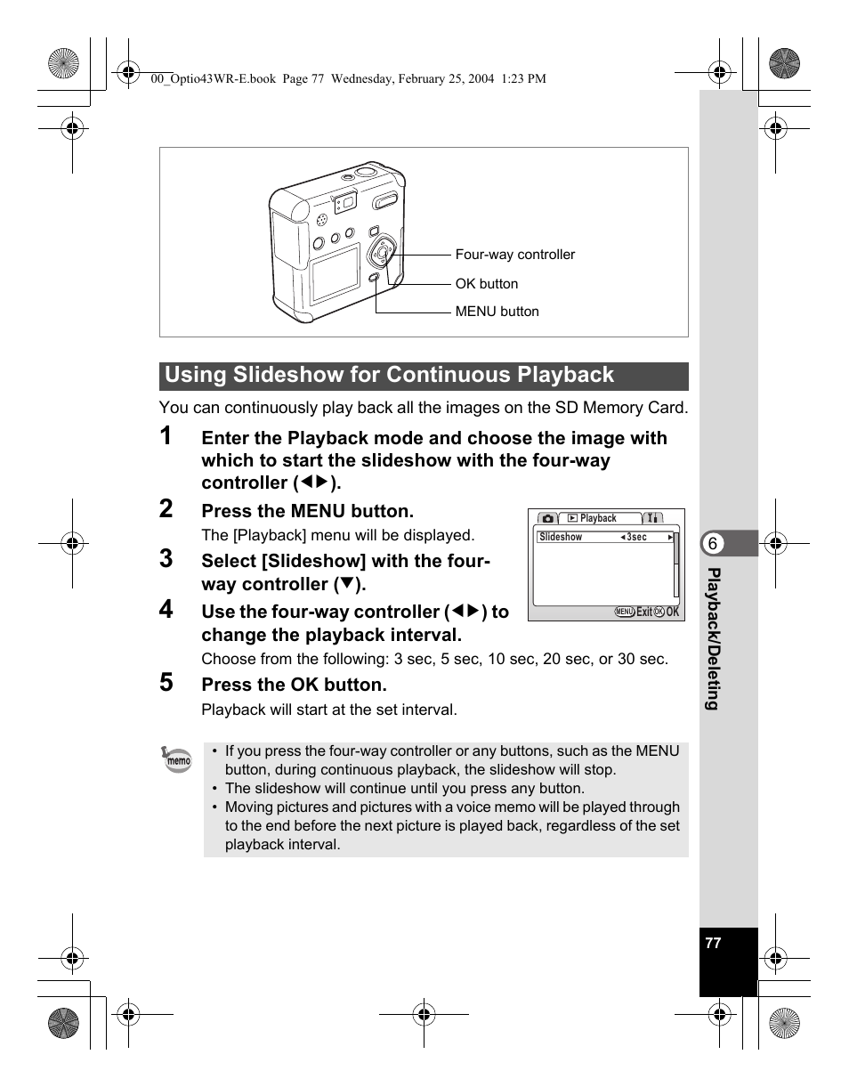 Using slideshow for continuous playback | Pentax Optio 43WR User Manual | Page 79 / 128