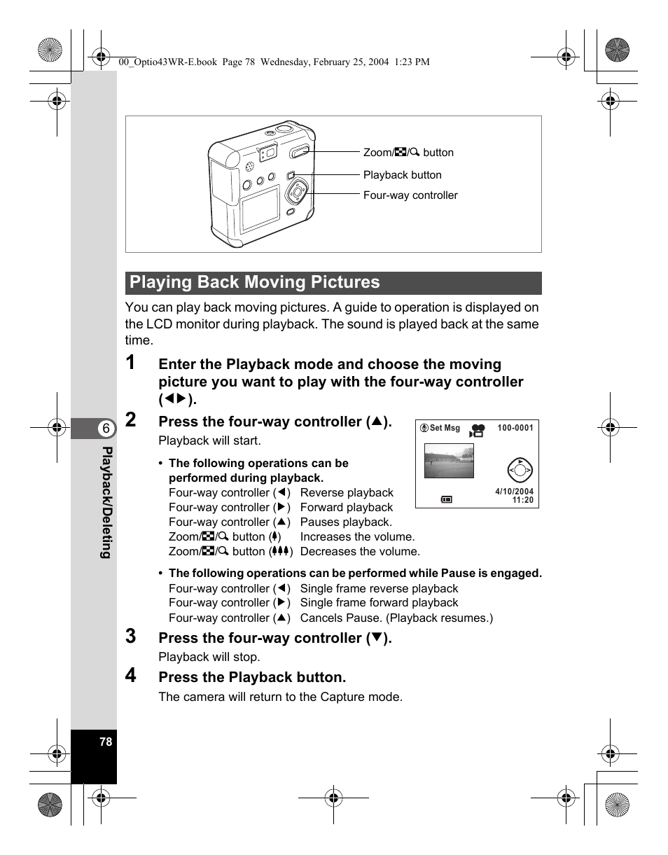 Playing back moving pictures | Pentax Optio 43WR User Manual | Page 80 / 128