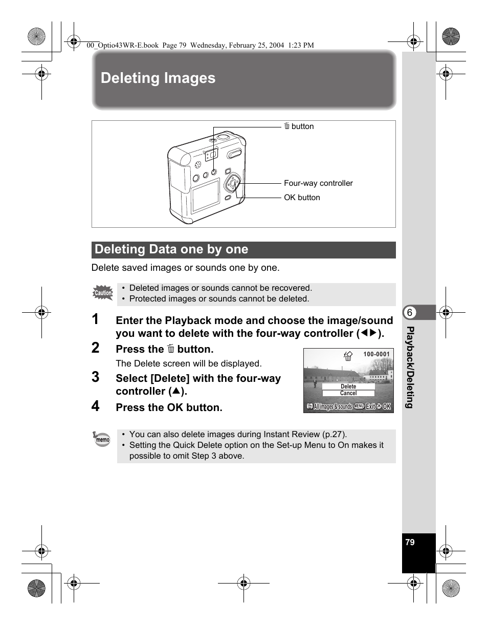 Deleting images, Deleting data one by one | Pentax Optio 43WR User Manual | Page 81 / 128