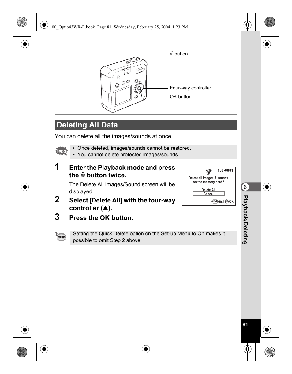 Deleting all data | Pentax Optio 43WR User Manual | Page 83 / 128