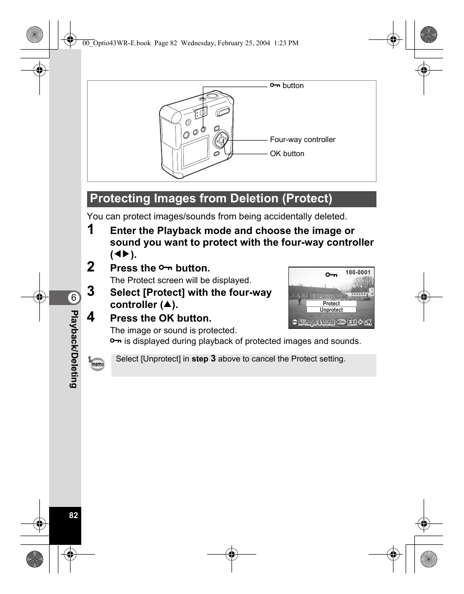 Protecting images from deletion (protect) | Pentax Optio 43WR User Manual | Page 84 / 128