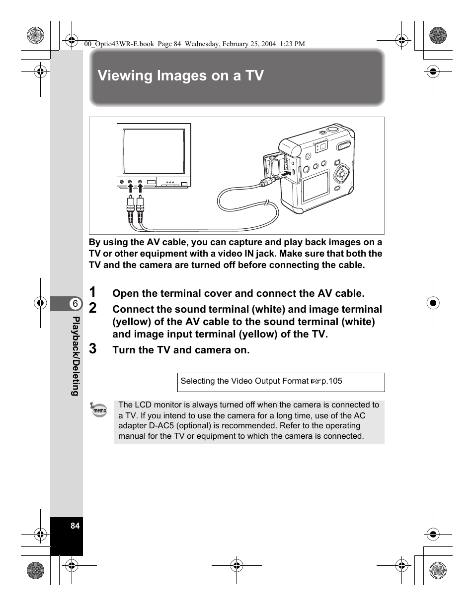 Viewing images on a tv | Pentax Optio 43WR User Manual | Page 86 / 128