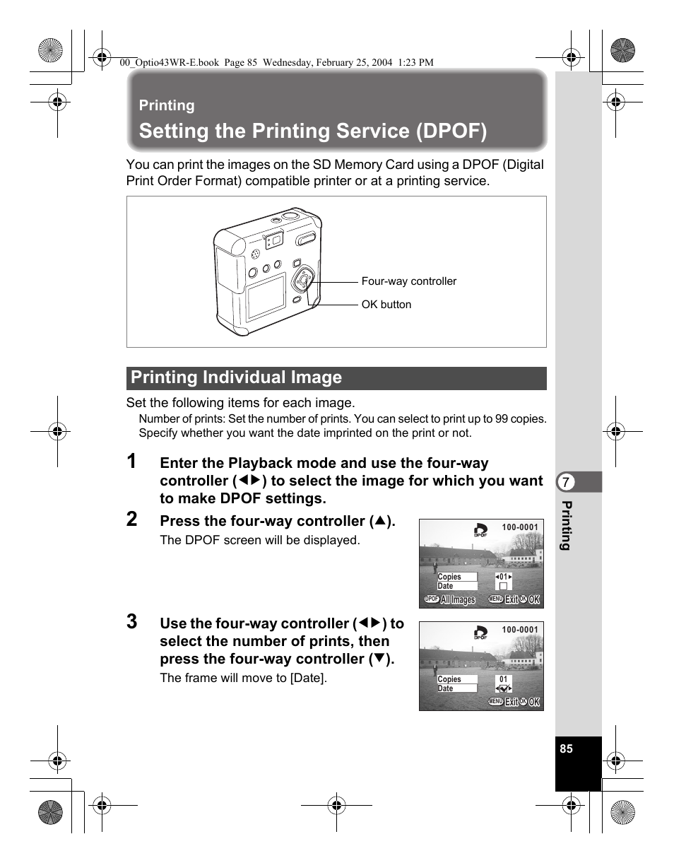 Setting the printing service (dpof), Printing individual image, Printing | Press the four-way controller ( 2 ) | Pentax Optio 43WR User Manual | Page 87 / 128