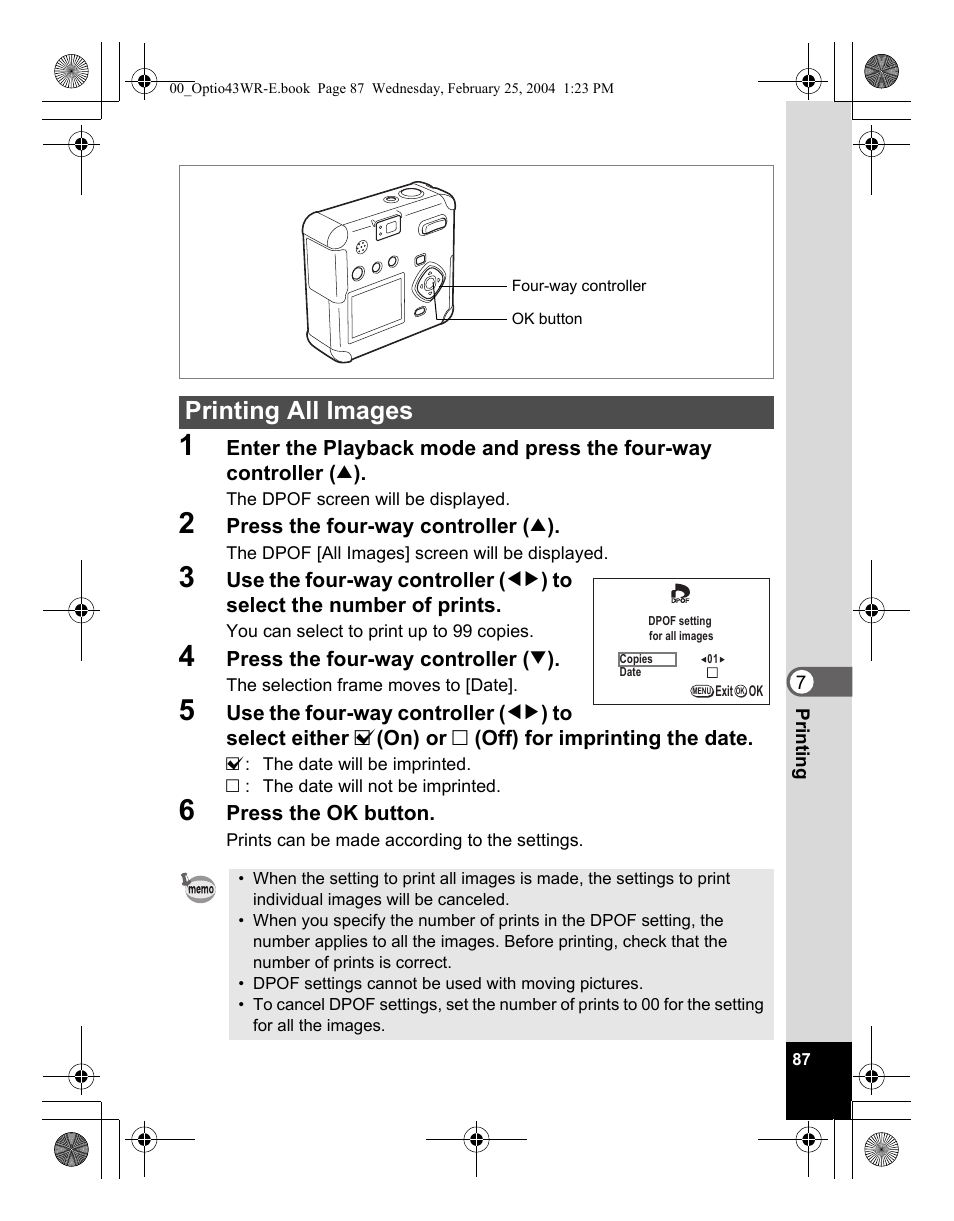 Printing all images | Pentax Optio 43WR User Manual | Page 89 / 128