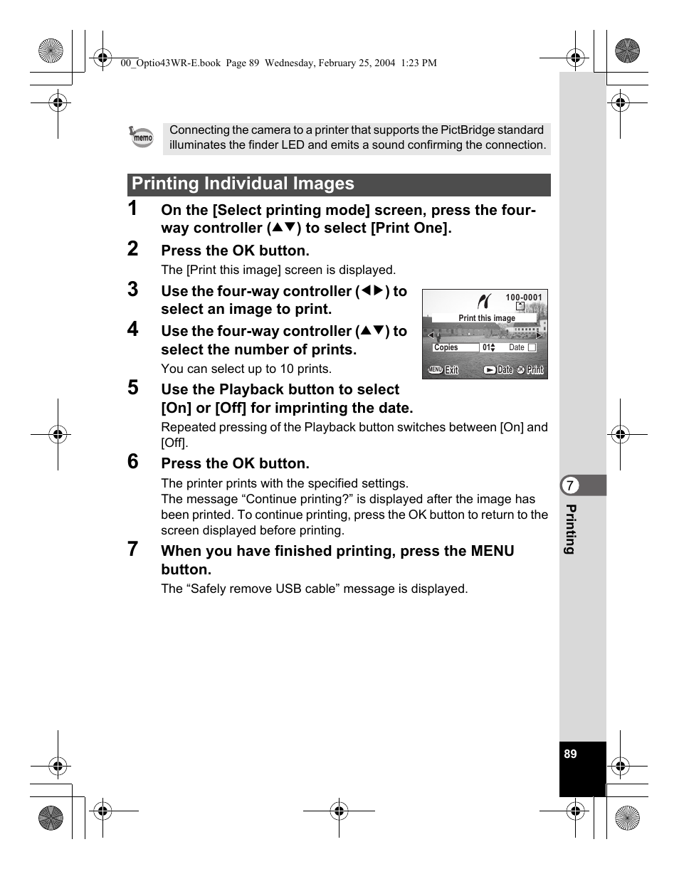 Printing individual images | Pentax Optio 43WR User Manual | Page 91 / 128