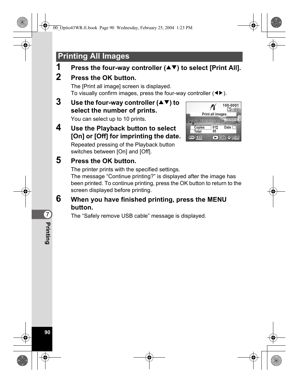 Printing all images | Pentax Optio 43WR User Manual | Page 92 / 128