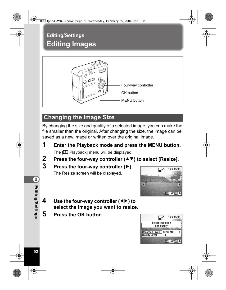 Editing images, Changing the image size | Pentax Optio 43WR User Manual | Page 94 / 128
