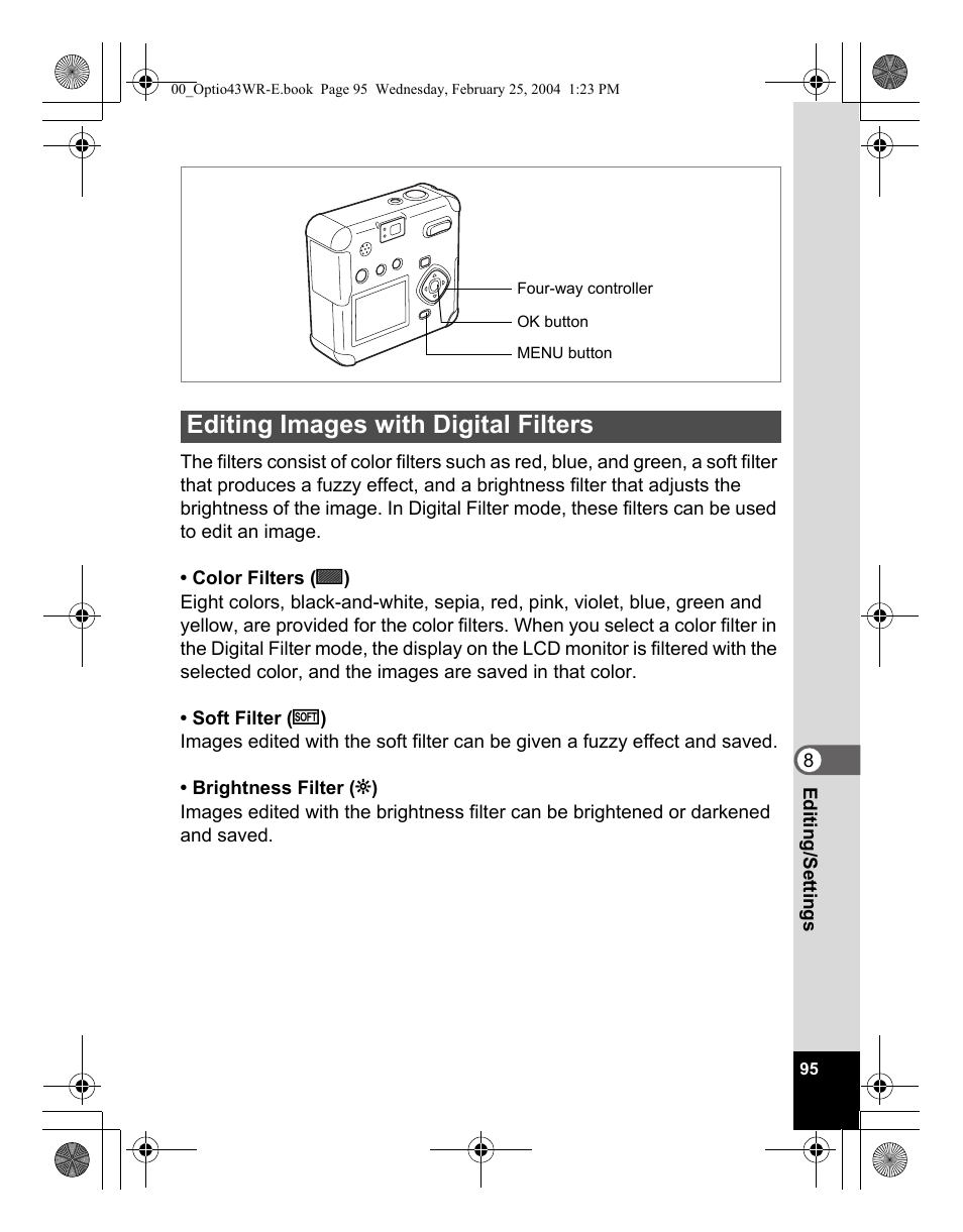 Editing images with digital filters | Pentax Optio 43WR User Manual | Page 97 / 128