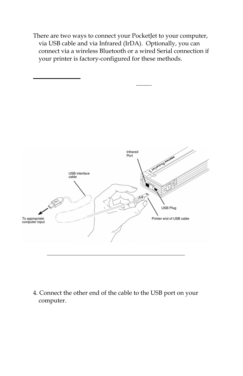 Connecting to your computer, Via usb cable, Page 14 | Pentax PocketJet 3 User Manual | Page 24 / 98