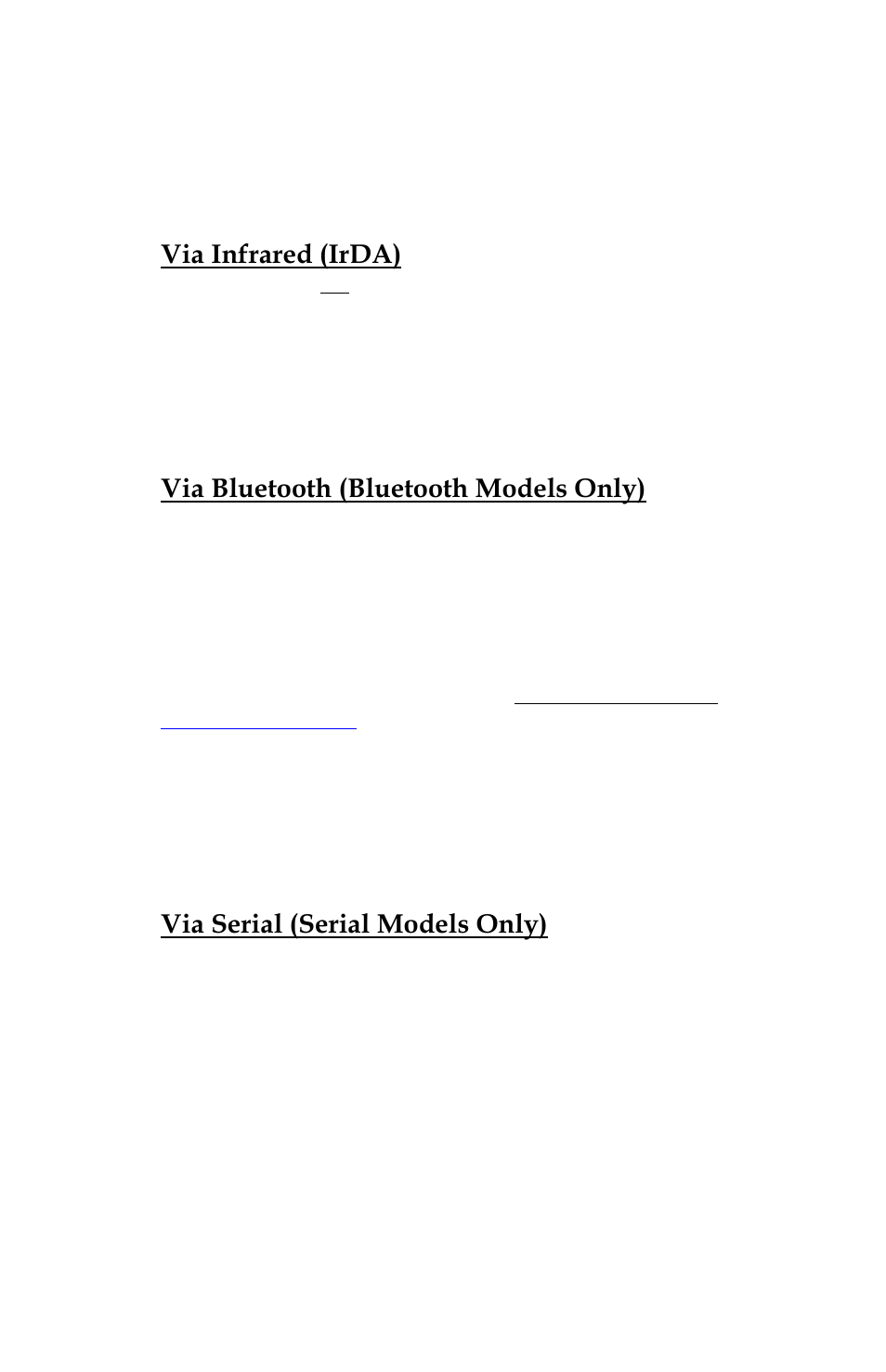 Via infrared (irda), Via bluetooth (bluetooth models only), Via serial (serial models only) | Page 15 | Pentax PocketJet 3 User Manual | Page 25 / 98