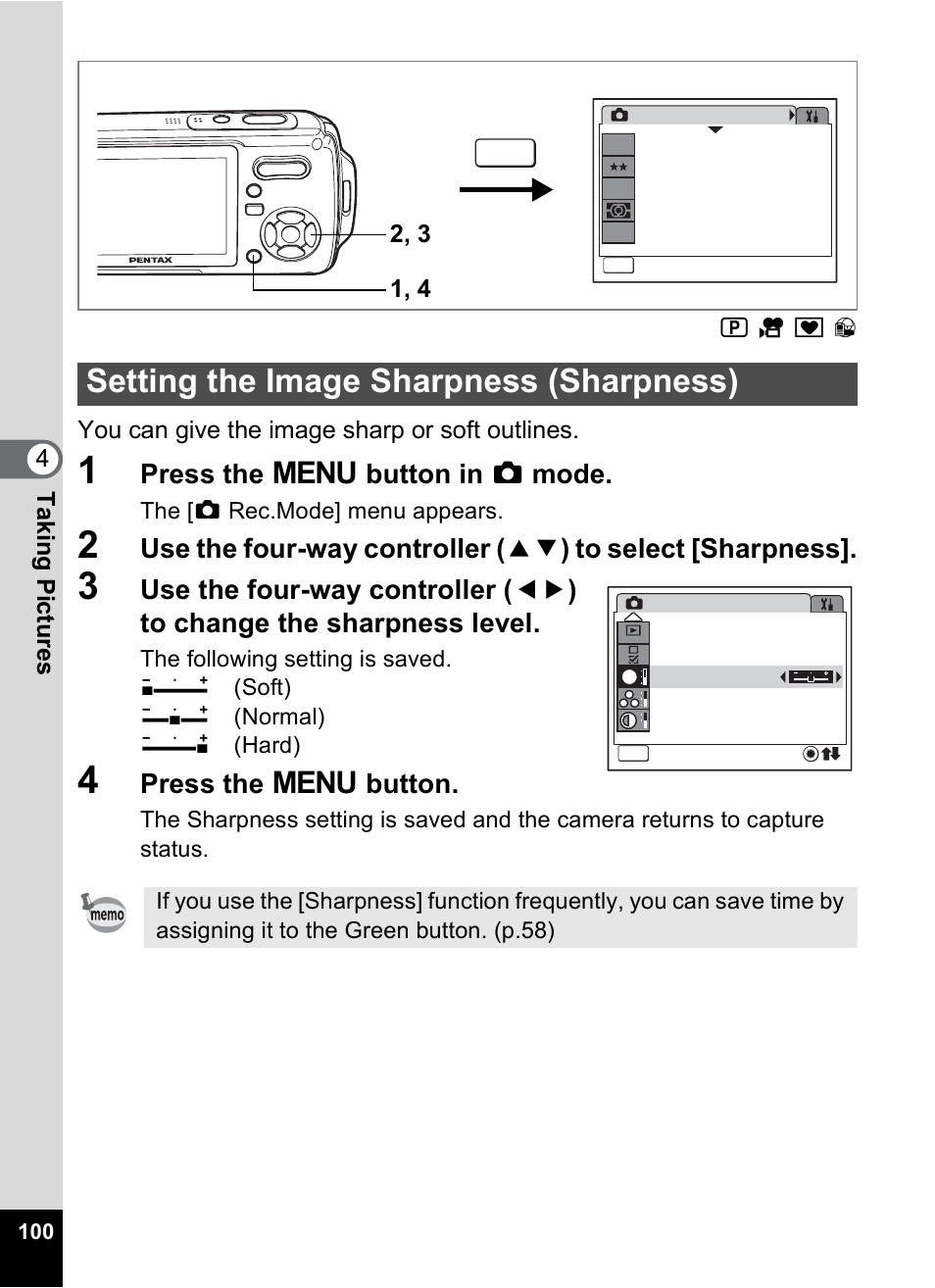 Setting the image sharpness (sharpness), P.100, Press the 3 button in a mode | Press the 3 button | Pentax Optio W10 User Manual | Page 102 / 208