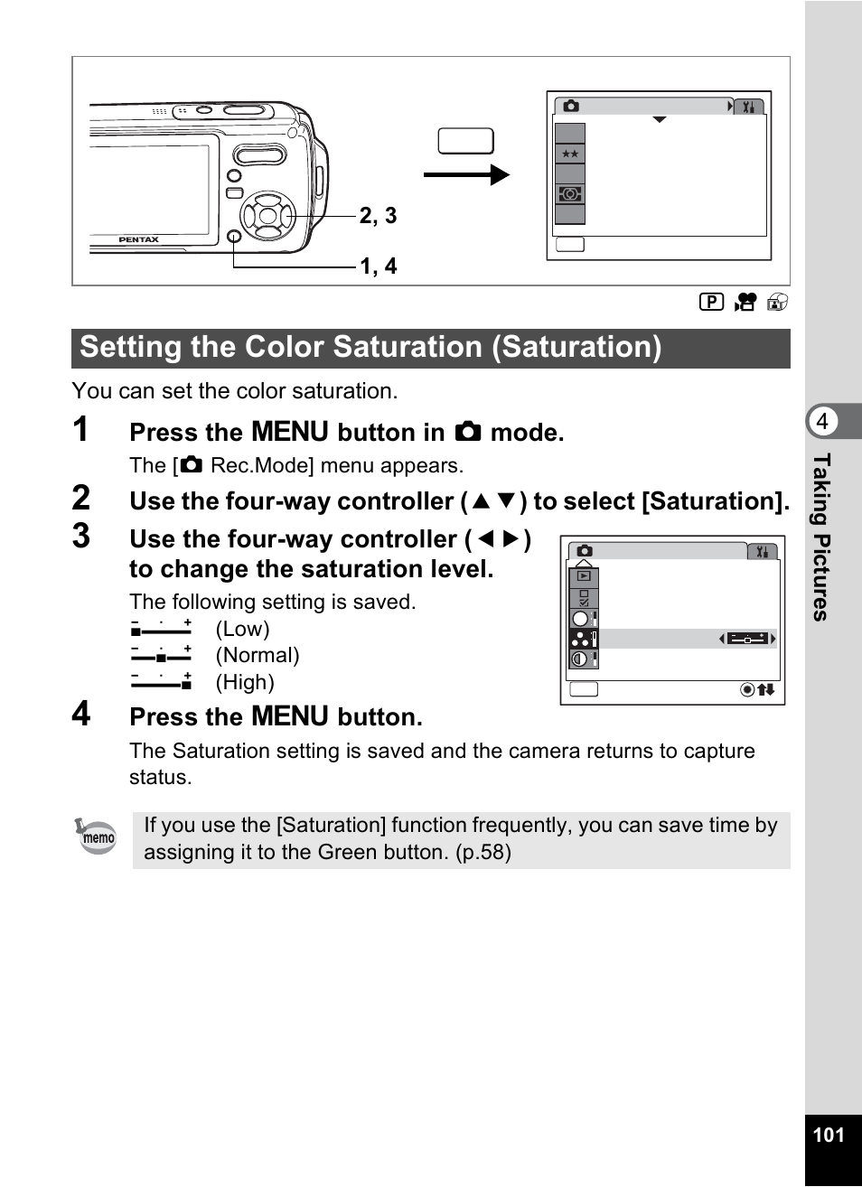 Setting the color saturation (saturation), P.101, Press the 3 button in a mode | Press the 3 button | Pentax Optio W10 User Manual | Page 103 / 208