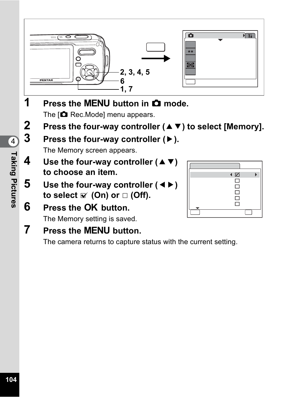 Press the 3 button in a mode, Press the four-way controller ( 5 ), Press the 4 button | Press the 3 button | Pentax Optio W10 User Manual | Page 106 / 208