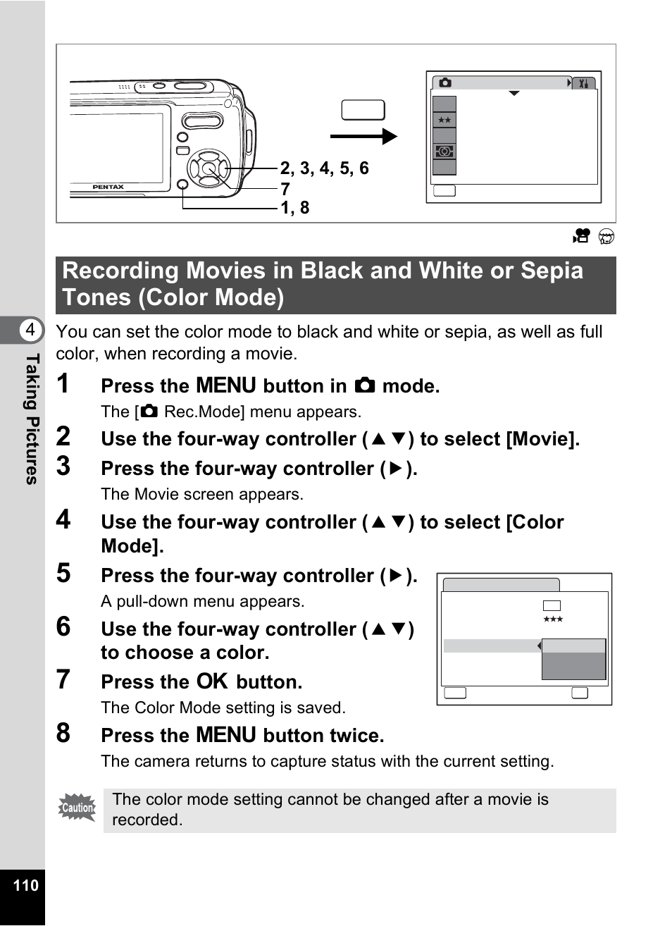 P.110, Press the 3 button in a mode, Press the four-way controller ( 5 ) | Press the 4 button, Press the 3 button twice | Pentax Optio W10 User Manual | Page 112 / 208