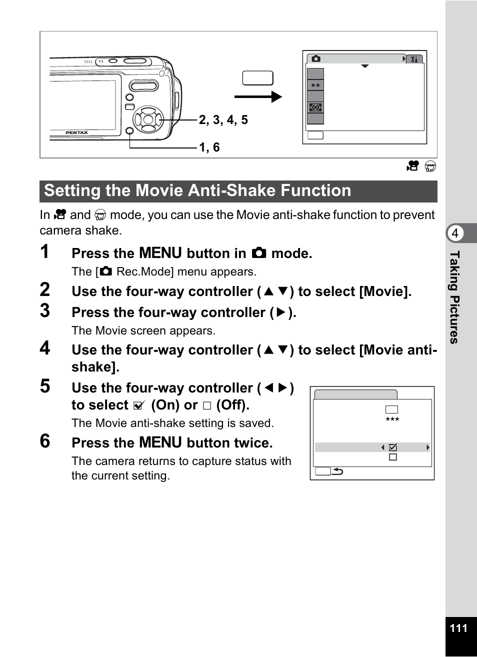 Setting the movie anti-shake function, P.111, Press the 3 button in a mode | Press the four-way controller ( 5 ), Press the 3 button twice | Pentax Optio W10 User Manual | Page 113 / 208