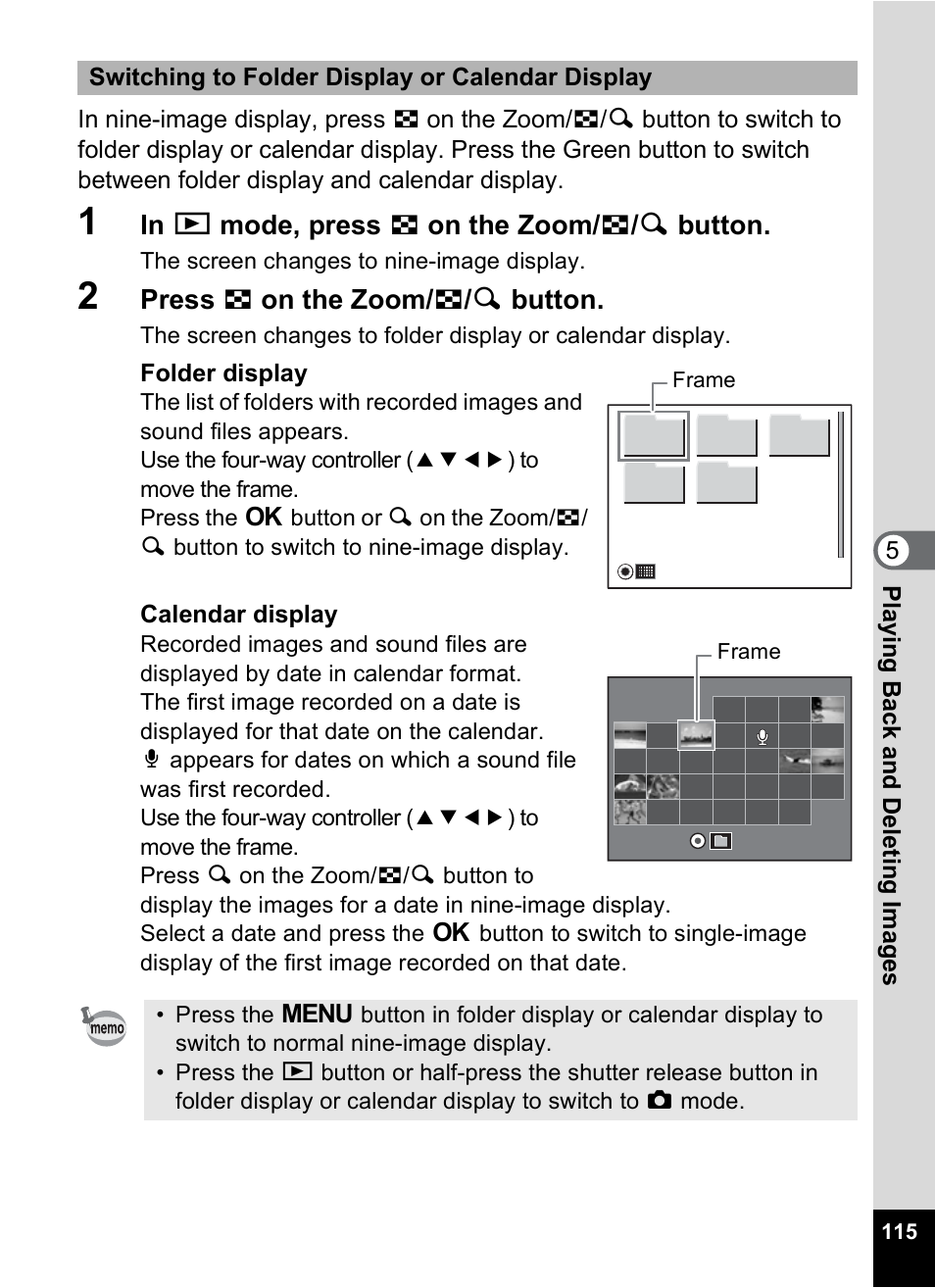 At. (p.115) t, P.115), P.115 | Press f on the zoom/ f / y button, Folder display, Calendar display, Switching to folder display or calendar display, The screen changes to nine-image display, Frame | Pentax Optio W10 User Manual | Page 117 / 208