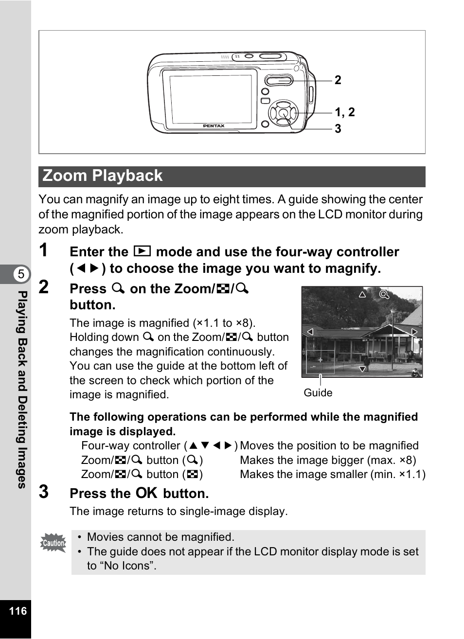 Zoom playback, P.116, P.116) | Pentax Optio W10 User Manual | Page 118 / 208