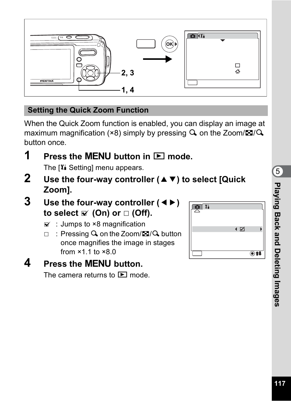 P.117, Press the 3 button in q mode, Press the 3 button | Pentax Optio W10 User Manual | Page 119 / 208