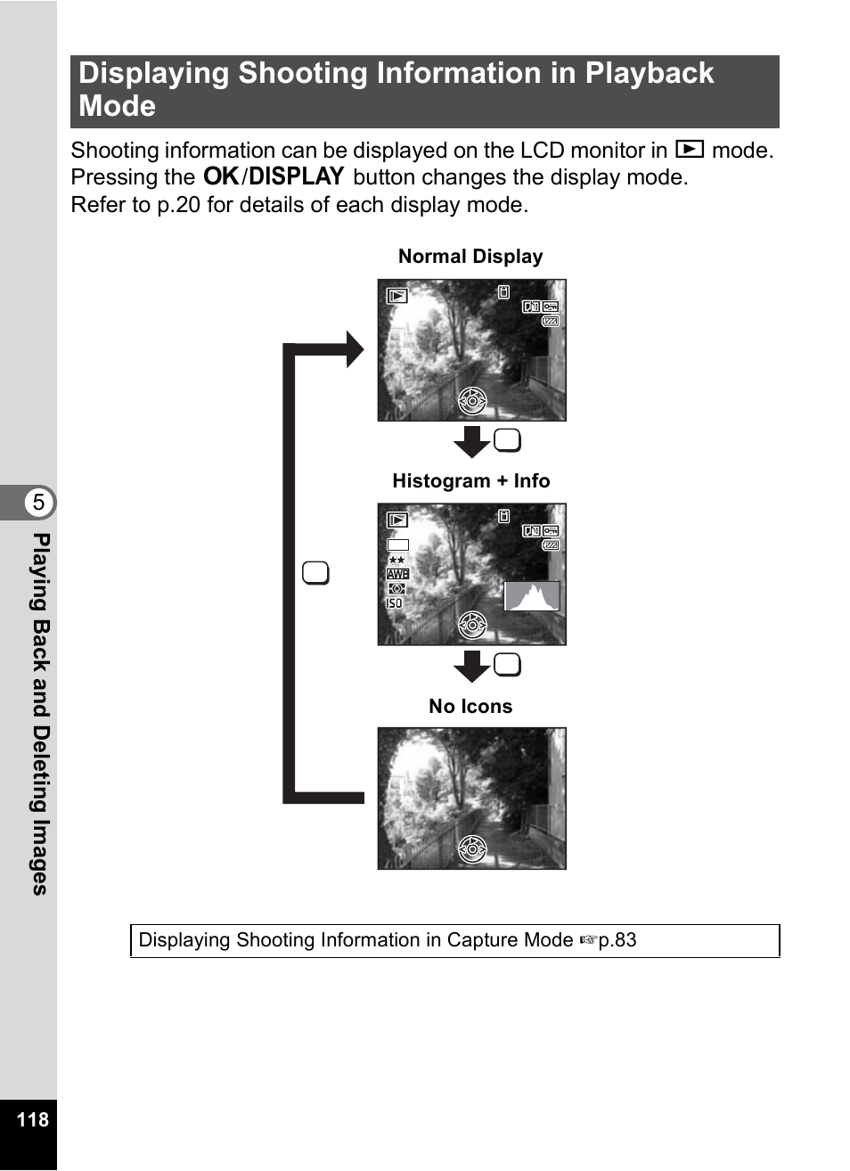 Displaying shooting information in playback mode, P.118), Normal display histogram + info no icons | Pentax Optio W10 User Manual | Page 120 / 208