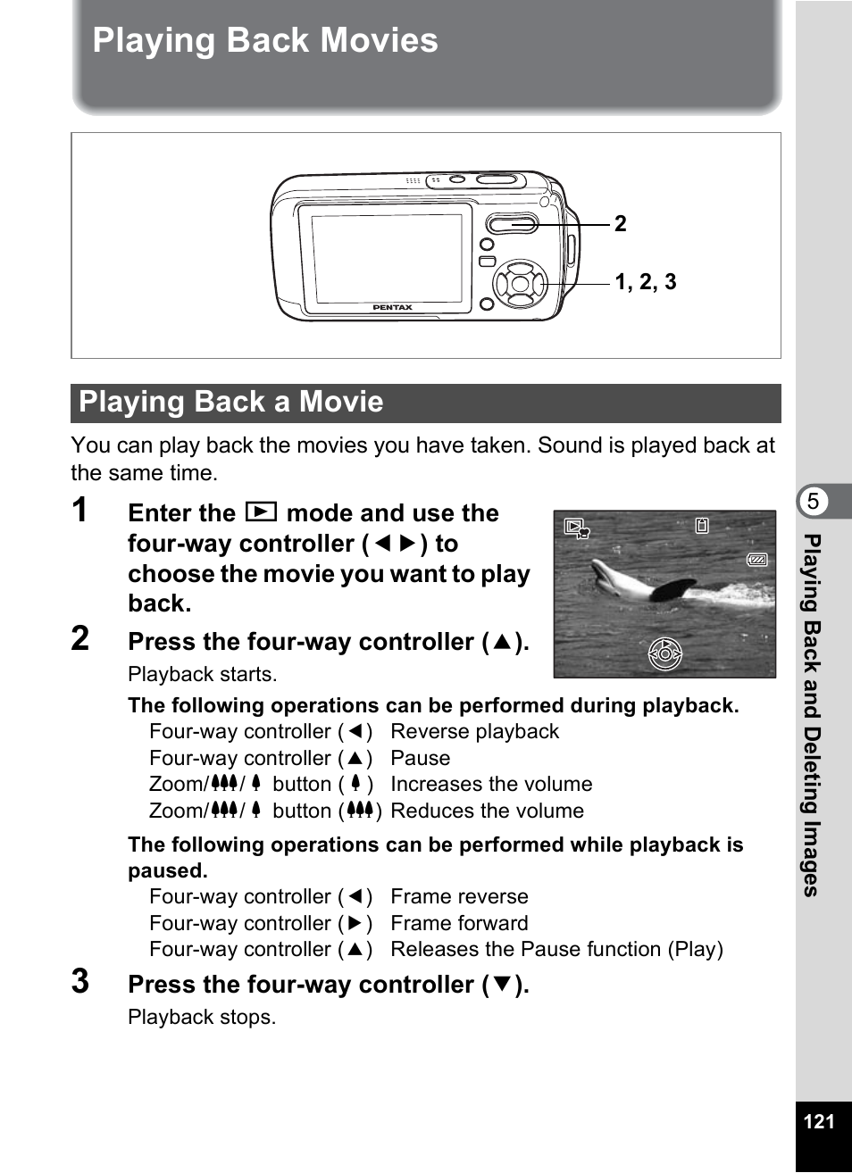 Playing back movies, Playing back a movie, P.121 | Pentax Optio W10 User Manual | Page 123 / 208