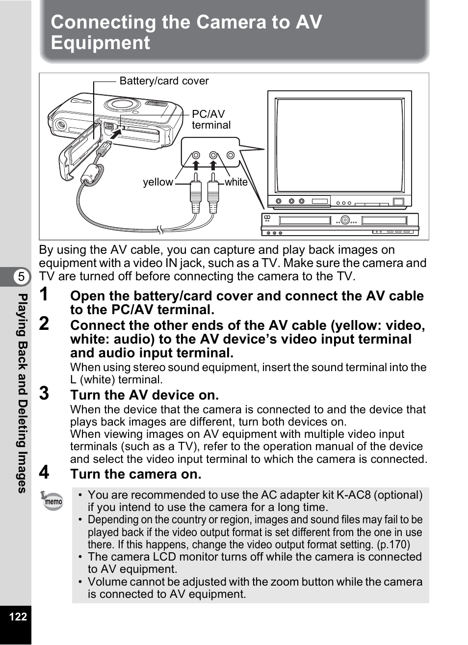 Connecting the camera to av equipment | Pentax Optio W10 User Manual | Page 124 / 208