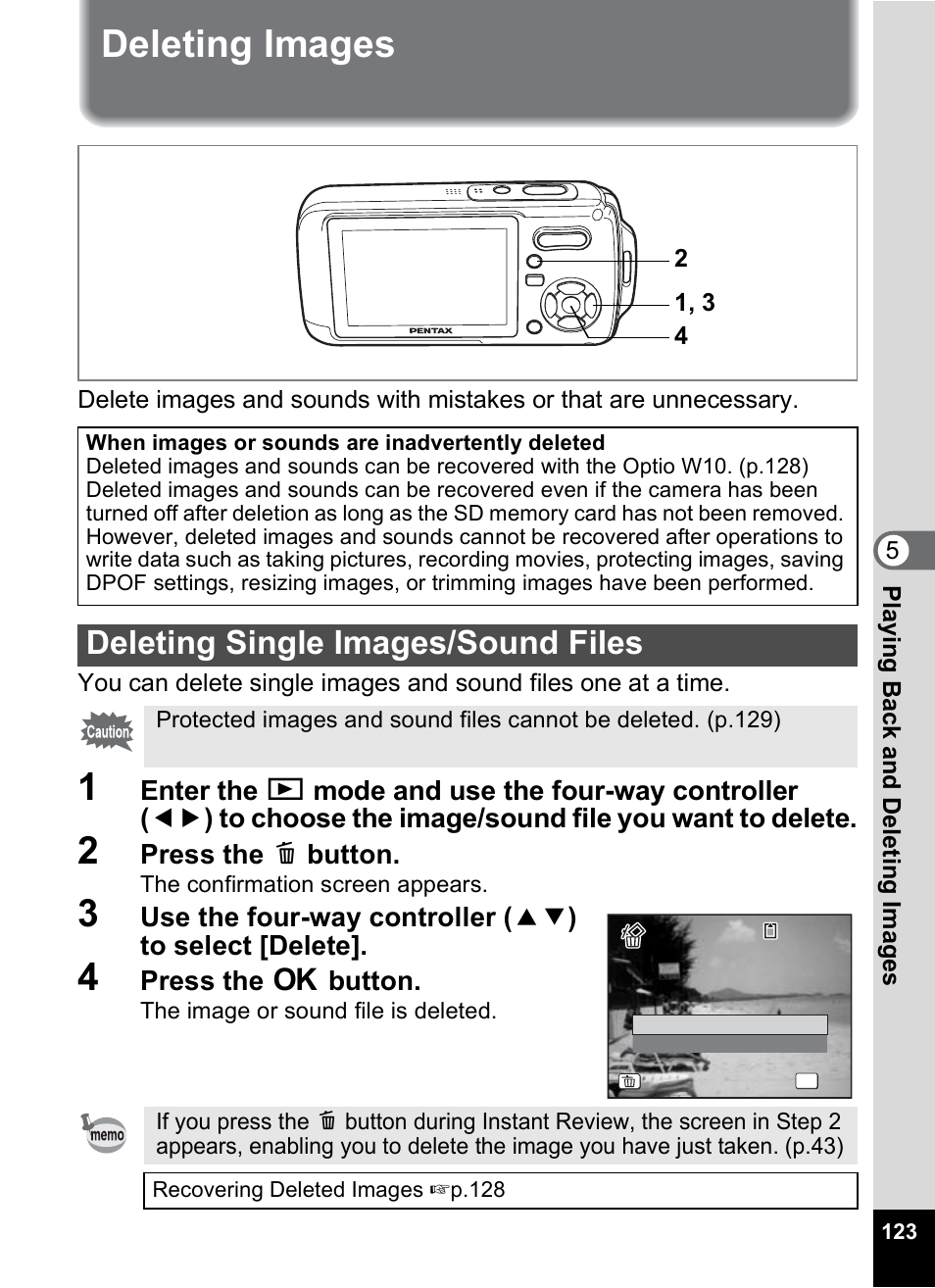 Deleting images, Deleting single images/sound files, P.123) | Pentax Optio W10 User Manual | Page 125 / 208