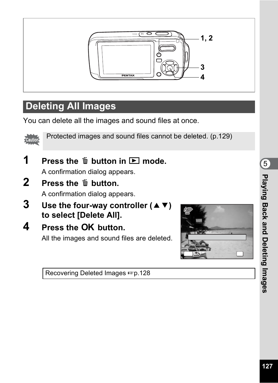 Deleting all images | Pentax Optio W10 User Manual | Page 129 / 208