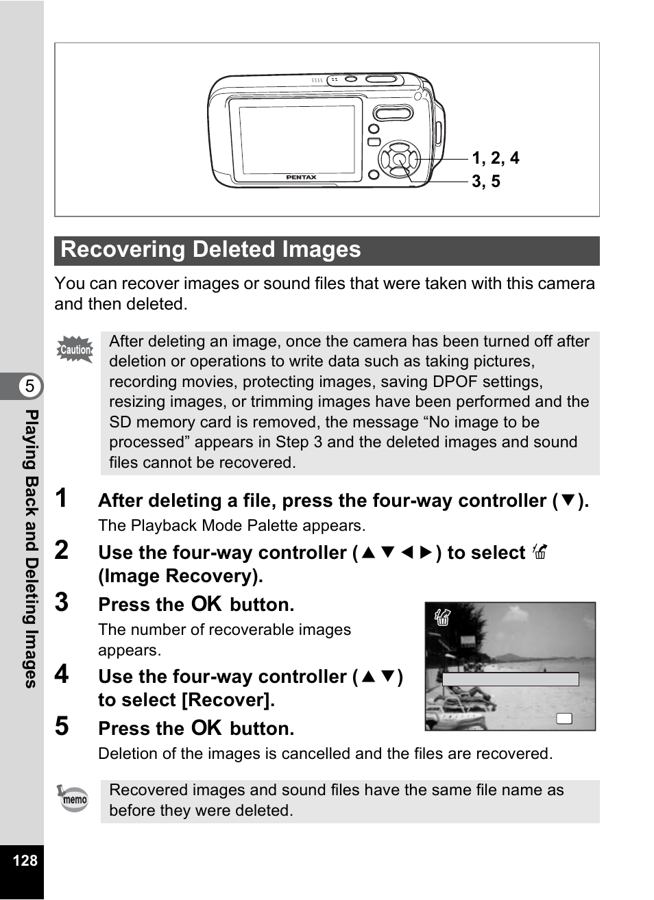 Recovering deleted images, N. (p.128), P.128 | P.128), Recovering deleted images 1p.128 | Pentax Optio W10 User Manual | Page 130 / 208