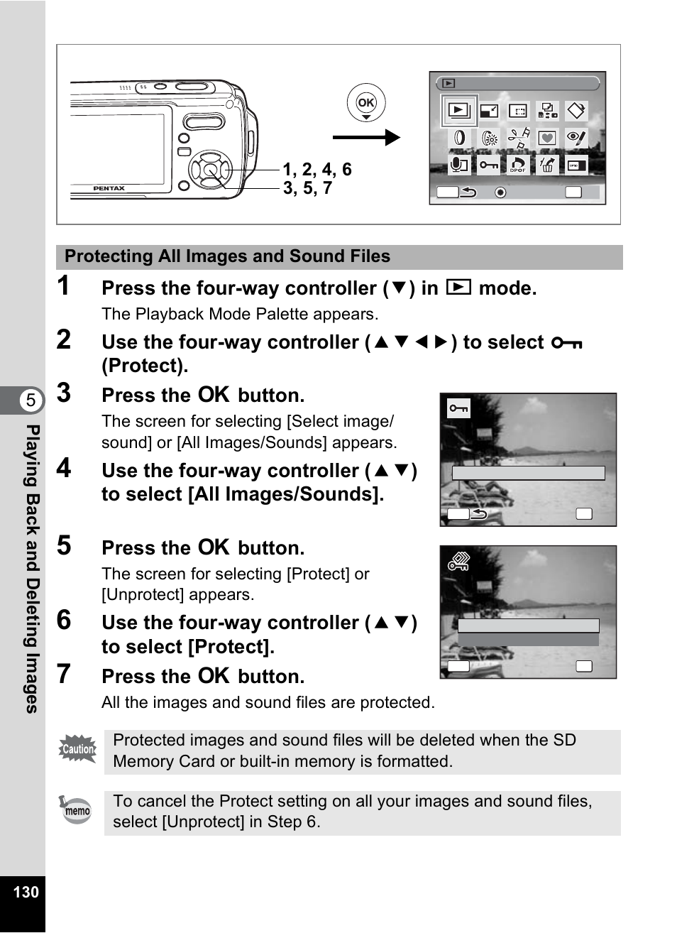 Press the four-way controller ( 3 ) in q mode, Press the 4 button | Pentax Optio W10 User Manual | Page 132 / 208