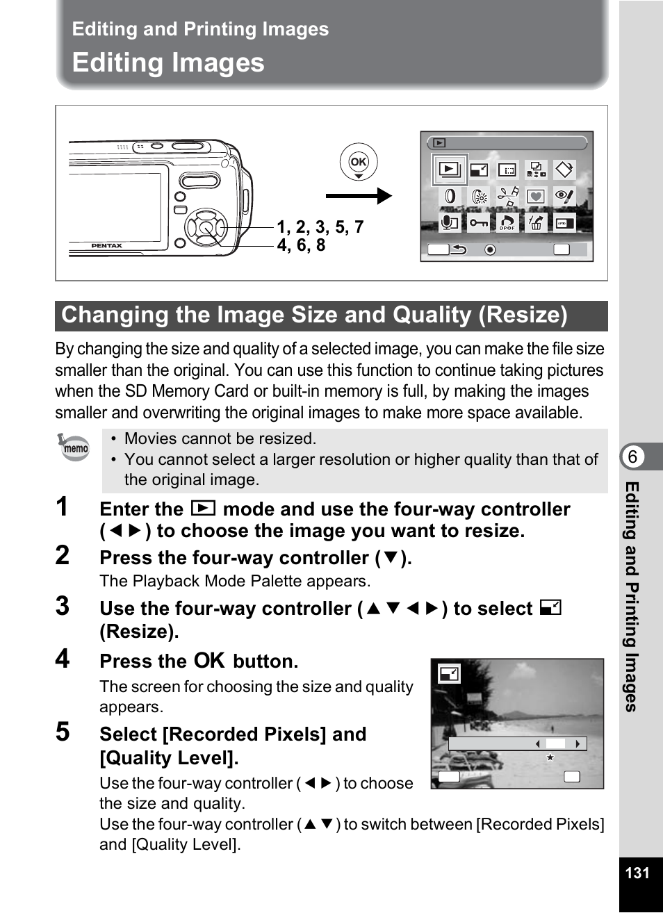 Editing and printing images, Editing images, Changing the image size and quality (resize) | P.131, P.131), trimm, Press the four-way controller ( 3 ), Press the 4 button, Select [recorded pixels] and [quality level | Pentax Optio W10 User Manual | Page 133 / 208