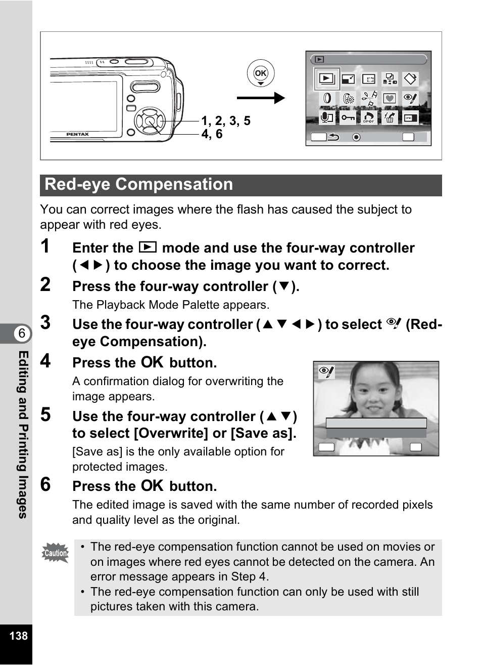 Red-eye compensation, P.138, Press the four-way controller ( 3 ) | Press the 4 button | Pentax Optio W10 User Manual | Page 140 / 208