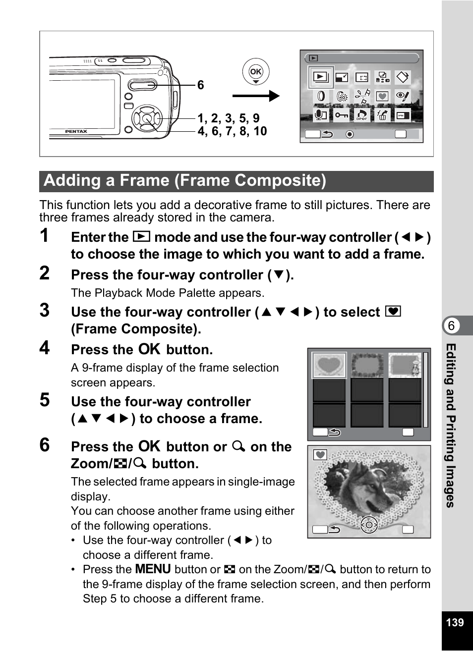 Adding a frame (frame composite), P.139), P.139 | Press the four-way controller ( 3 ), Press the 4 button, Press the 4 button or y on the zoom/ f / y button | Pentax Optio W10 User Manual | Page 141 / 208